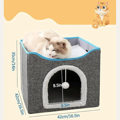 Cama grande para gato com bola fofa pendurada e arranhada