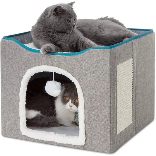 Cama grande para gato com bola fofa pendurada e arranhada