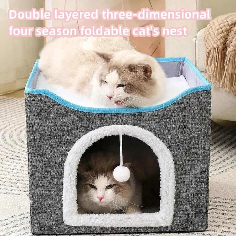 Large Cat Bed with Fluffy Ball Hanging and Scratch