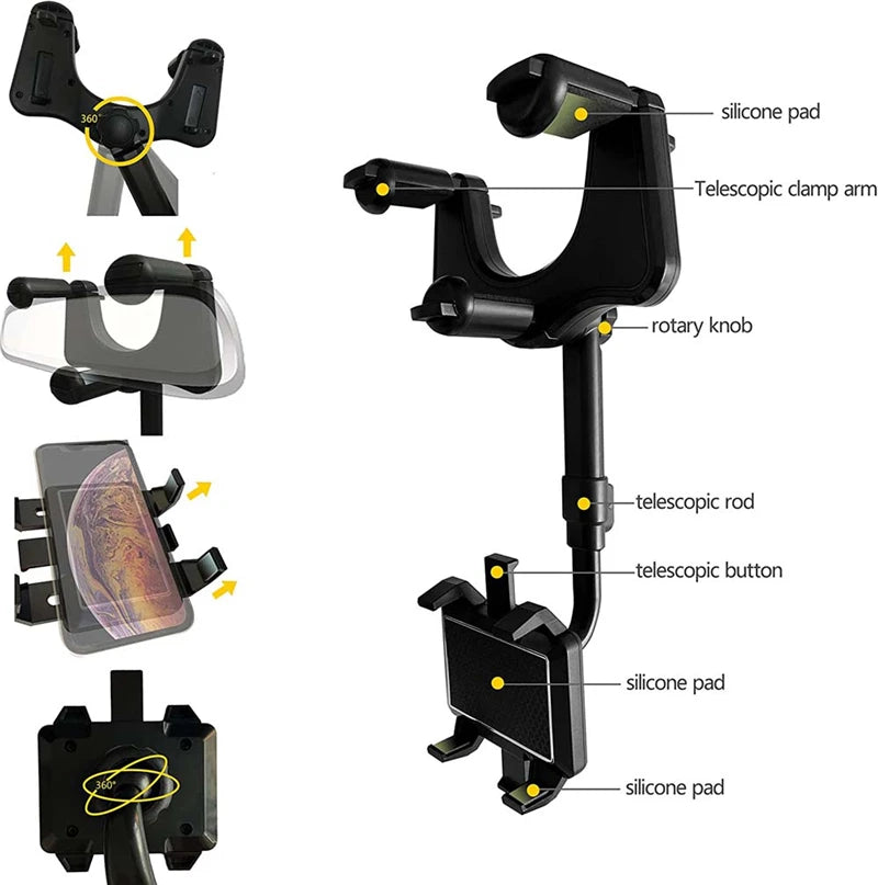 Suporte de telefone para espelho retrovisor de carro 360° para carro